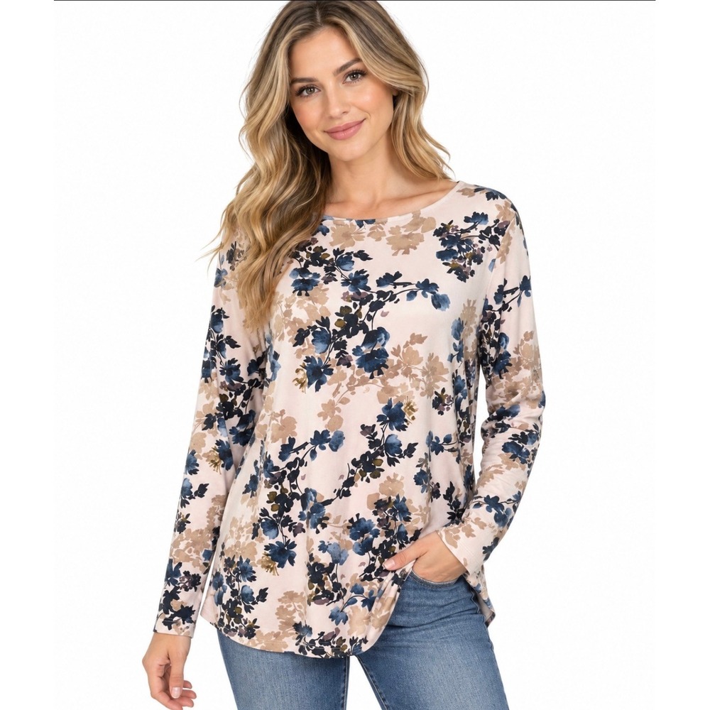 J. Jill Women's Size L Pink Floral Velour Raound Neck Long Sleeve Swing Top